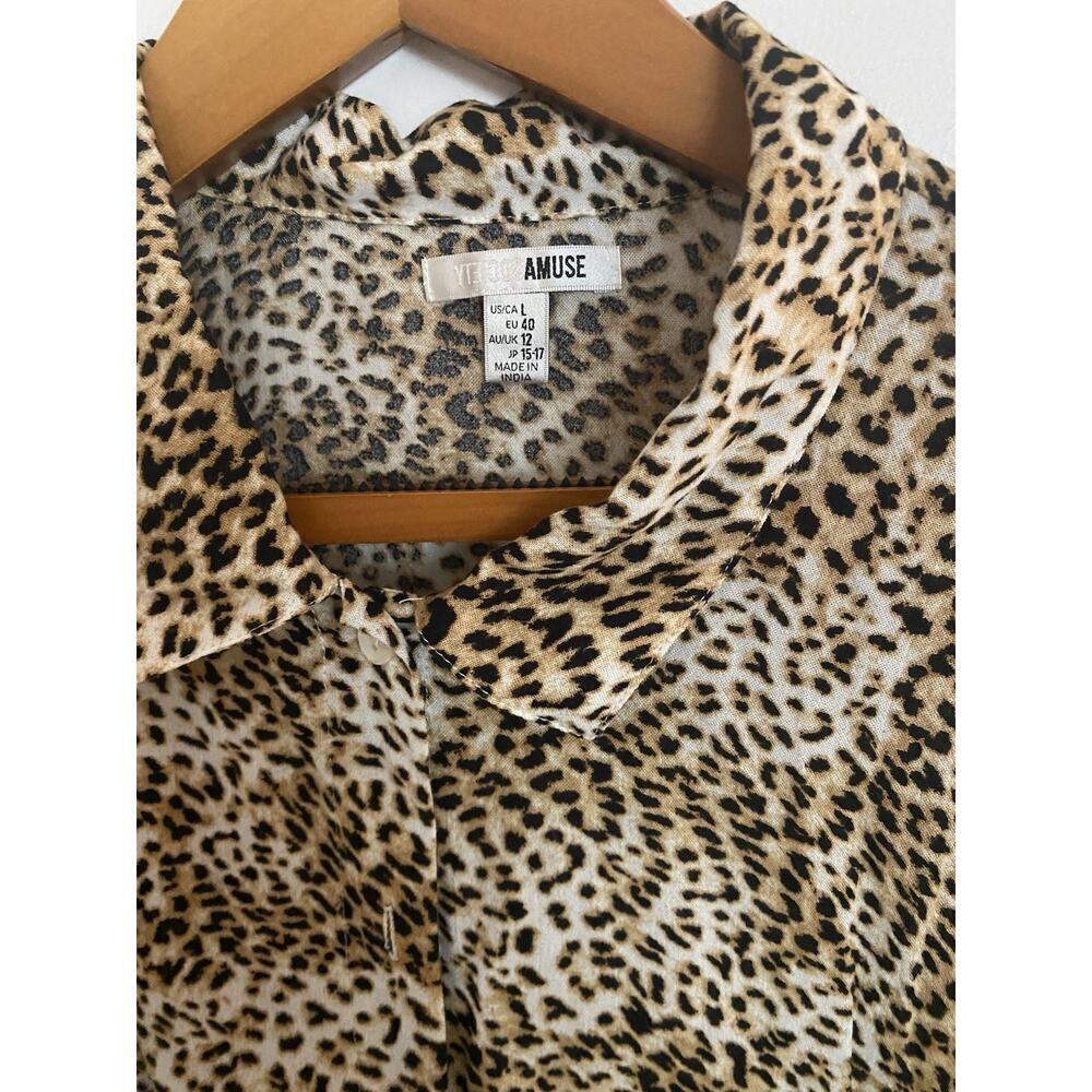 Amuse Society Womens Button Front Top Large Black Brown Leopard Print Viscose - Picture 2 of 4
